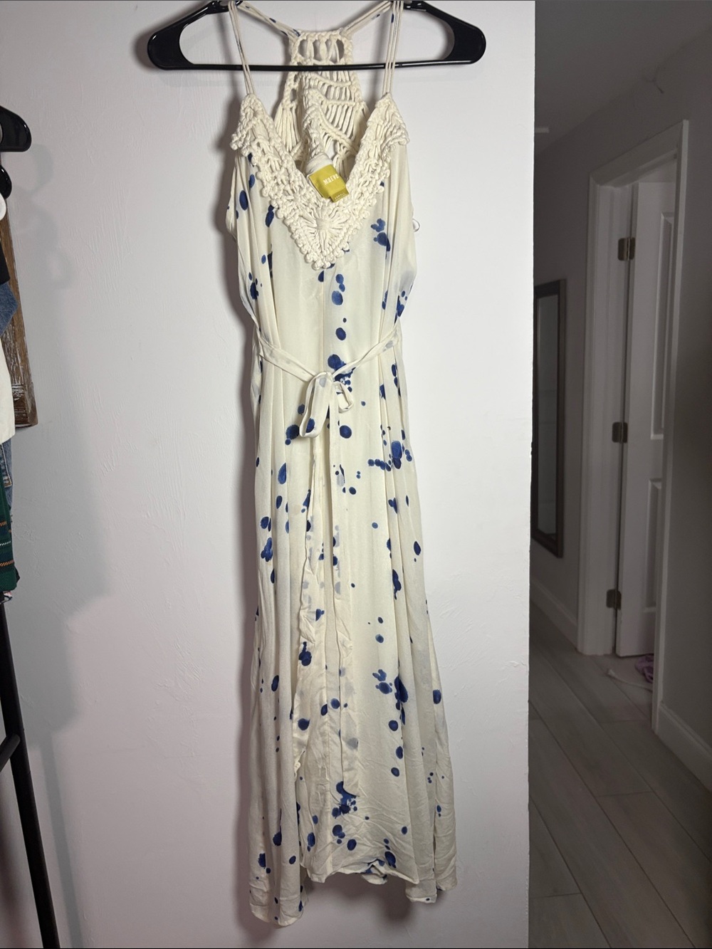 Anthropologie Maeve Cream Maxi Dress with Blue Floral Print and Crochet Xs